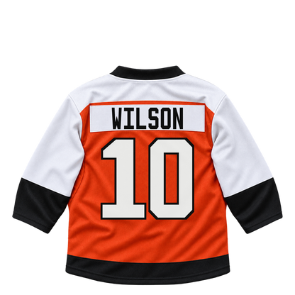 Philadelphia Flyers WILSON #10 jersey keychain artwork preview. Jersey keychain design. Attachment hardware is supplied with the finished acrylic keychain.