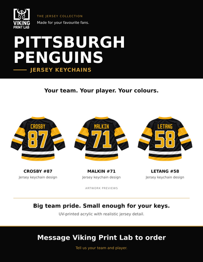Pittsburgh Penguins jersey keychain design overview, showing three available artwork examples. Price is for one keychain.