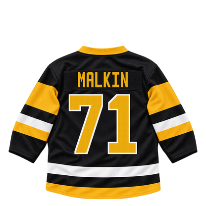 Pittsburgh Penguins MALKIN #71 jersey keychain artwork preview. Jersey keychain design. Attachment hardware is supplied with the finished acrylic keychain.