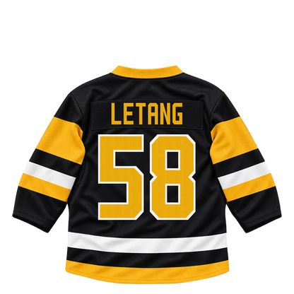 Pittsburgh Penguins LETANG #58 jersey keychain artwork preview. Jersey keychain design. Attachment hardware is supplied with the finished acrylic keychain.