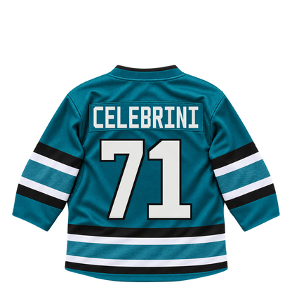 San Jose Sharks CELEBRINI #71 jersey keychain artwork preview. Jersey keychain design. Attachment hardware is supplied with the finished acrylic keychain.