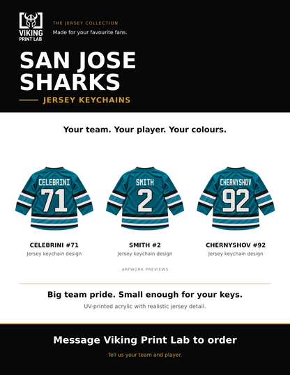 San Jose Sharks jersey keychain design overview, showing three available artwork examples. Price is for one keychain.