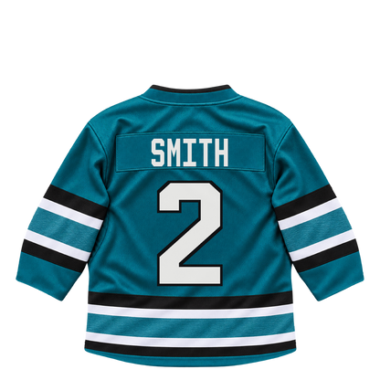 San Jose Sharks SMITH #2 jersey keychain artwork preview. Jersey keychain design. Attachment hardware is supplied with the finished acrylic keychain.