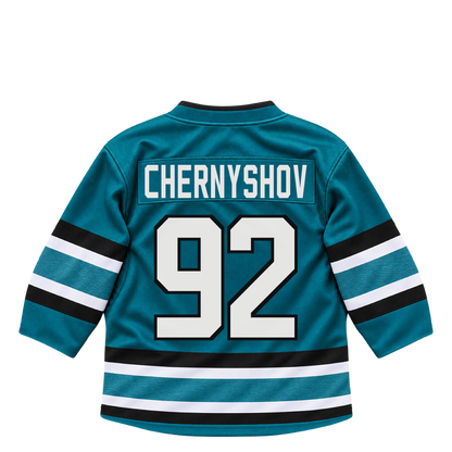 San Jose Sharks CHERNYSHOV #92 jersey keychain artwork preview. Jersey keychain design. Attachment hardware is supplied with the finished acrylic keychain.