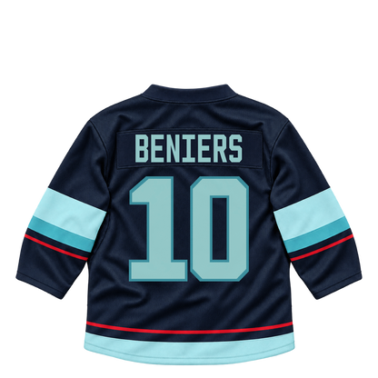 Seattle Kraken BENIERS #10 jersey keychain artwork preview. Jersey keychain design. Attachment hardware is supplied with the finished acrylic keychain.