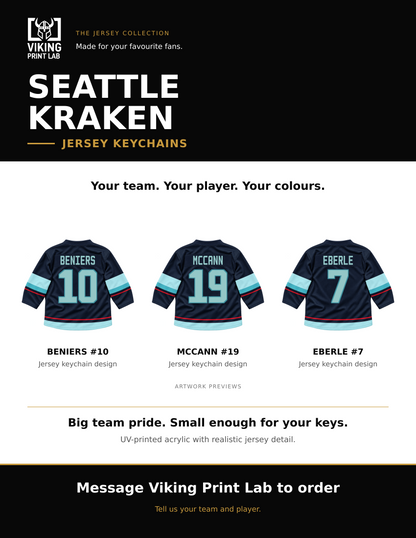 Seattle Kraken jersey keychain design overview, showing three available artwork examples. Price is for one keychain.