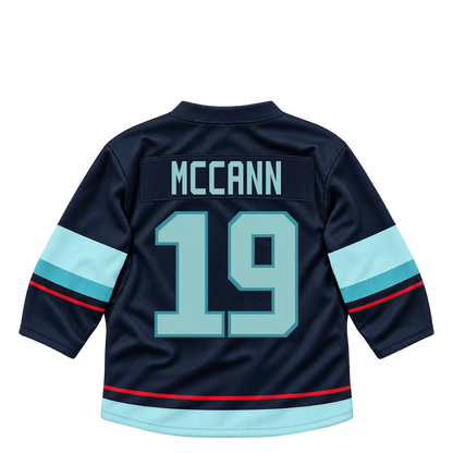 Seattle Kraken MCCANN #19 jersey keychain artwork preview. Jersey keychain design. Attachment hardware is supplied with the finished acrylic keychain.