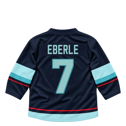 Seattle Kraken EBERLE #7 jersey keychain artwork preview. Jersey keychain design. Attachment hardware is supplied with the finished acrylic keychain.