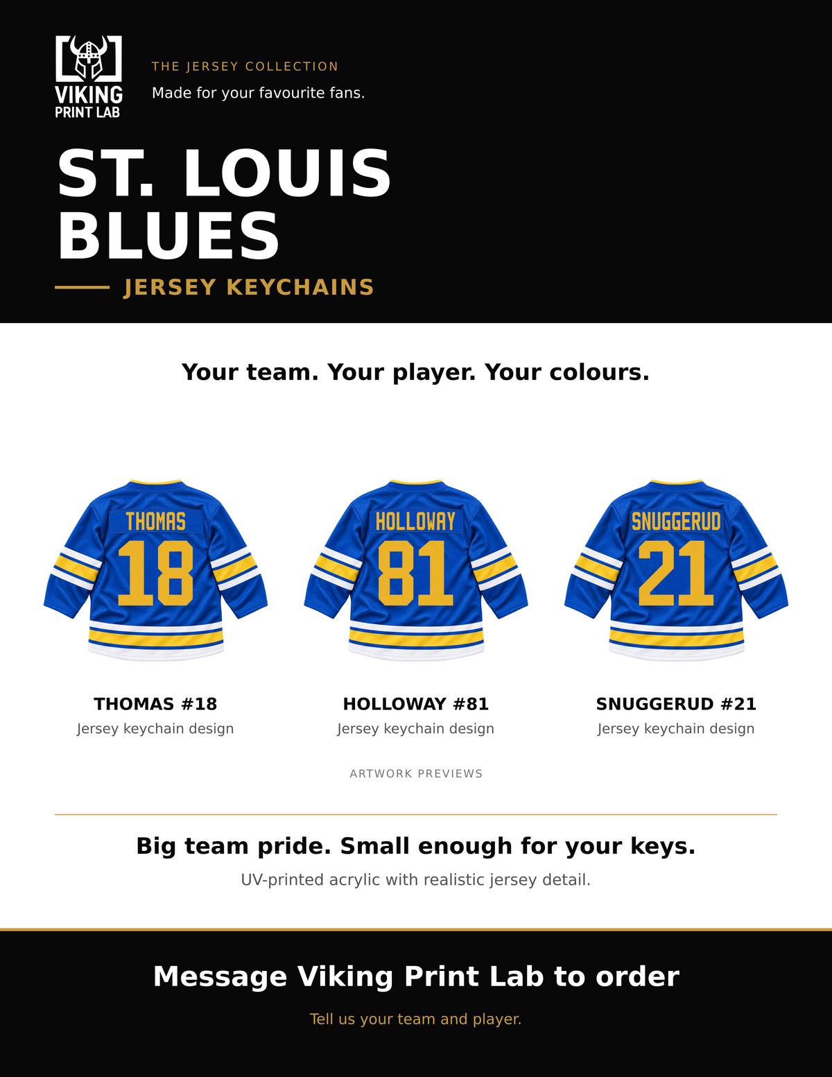 St. Louis Blues jersey keychain design overview, showing three available artwork examples. Price is for one keychain.