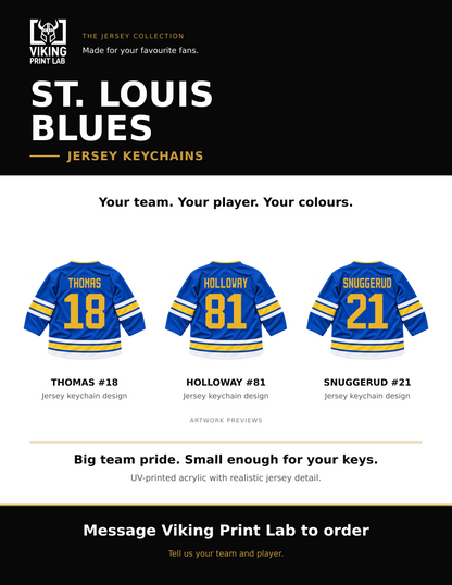 St. Louis Blues jersey keychain design overview, showing three available artwork examples. Price is for one keychain.
