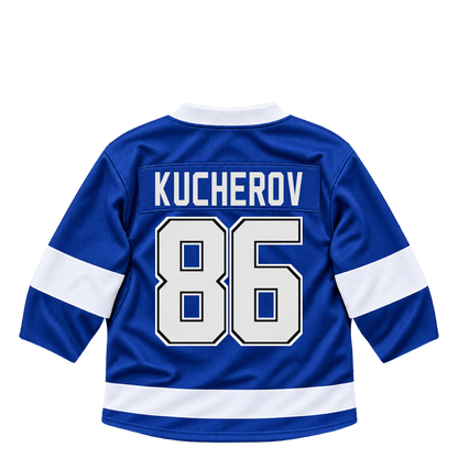 Tampa Bay Lightning KUCHEROV #86 jersey keychain artwork preview. Jersey keychain design. Attachment hardware is supplied with the finished acrylic keychain.