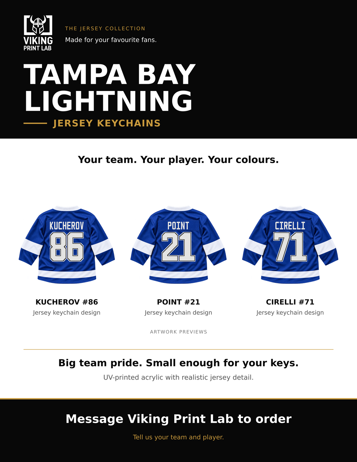 Tampa Bay Lightning jersey keychain design overview, showing three available artwork examples. Price is for one keychain.