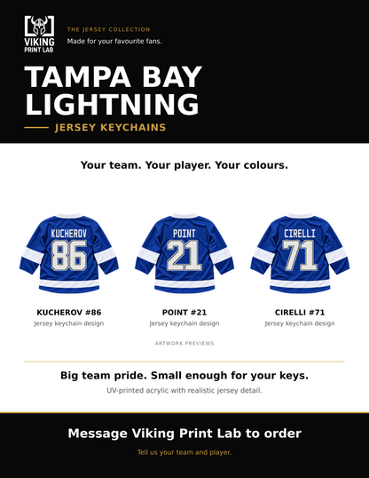 Tampa Bay Lightning jersey keychain design overview, showing three available artwork examples. Price is for one keychain.