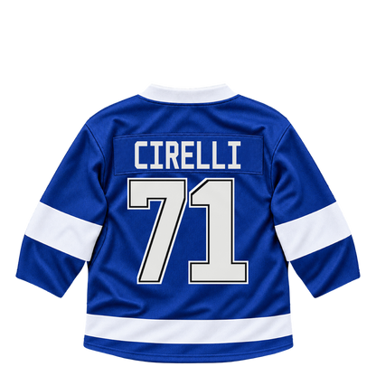 Tampa Bay Lightning CIRELLI #71 jersey keychain artwork preview. Jersey keychain design. Attachment hardware is supplied with the finished acrylic keychain.