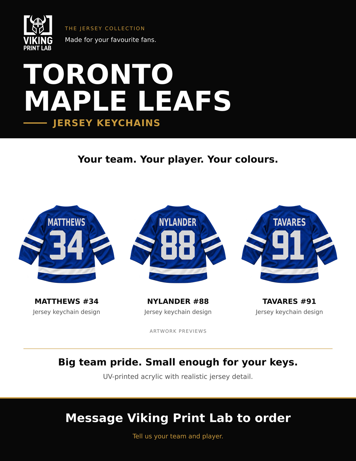 Toronto Maple Leafs jersey keychain design overview, showing three available artwork examples. Price is for one keychain.