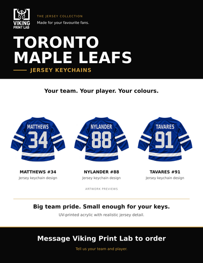 Toronto Maple Leafs jersey keychain design overview, showing three available artwork examples. Price is for one keychain.