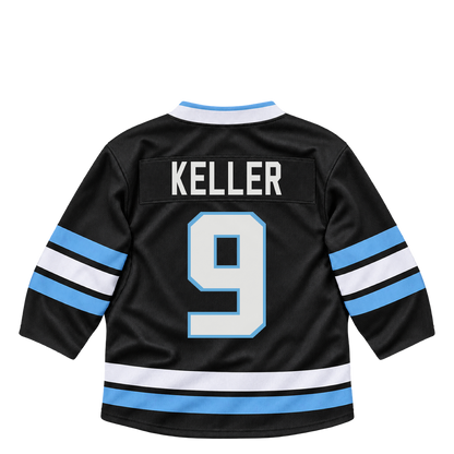 Utah Mammoth KELLER #9 jersey keychain artwork preview. Jersey keychain design. Attachment hardware is supplied with the finished acrylic keychain.