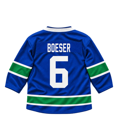 Vancouver Canucks BOESER #6 jersey keychain artwork preview. Jersey keychain design. Attachment hardware is supplied with the finished acrylic keychain.
