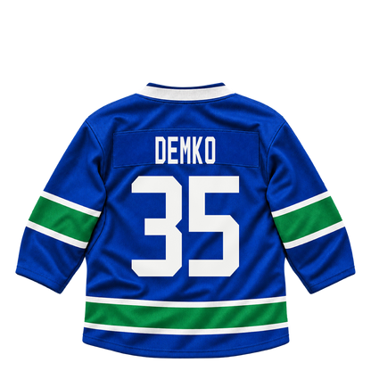 Vancouver Canucks DEMKO #35 jersey keychain artwork preview. Jersey keychain design. Attachment hardware is supplied with the finished acrylic keychain.