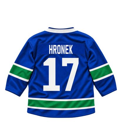 Vancouver Canucks HRONEK #17 jersey keychain artwork preview. Jersey keychain design. Attachment hardware is supplied with the finished acrylic keychain.