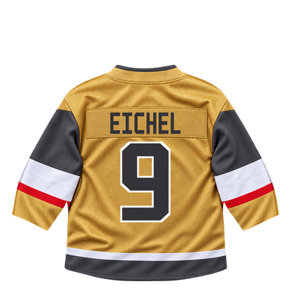 Vegas Golden Knights EICHEL #9 jersey keychain artwork preview. Jersey keychain design. Attachment hardware is supplied with the finished acrylic keychain.