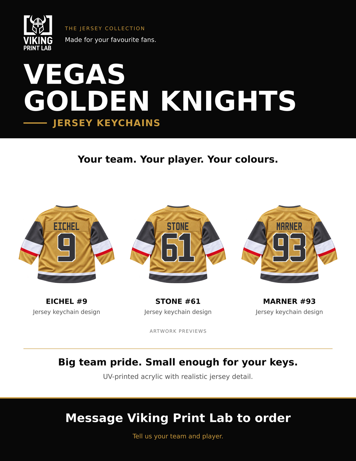 Vegas Golden Knights jersey keychain design overview, showing three available artwork examples. Price is for one keychain.