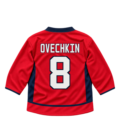 Washington Capitals OVECHKIN #8 jersey keychain artwork preview. Jersey keychain design. Attachment hardware is supplied with the finished acrylic keychain.