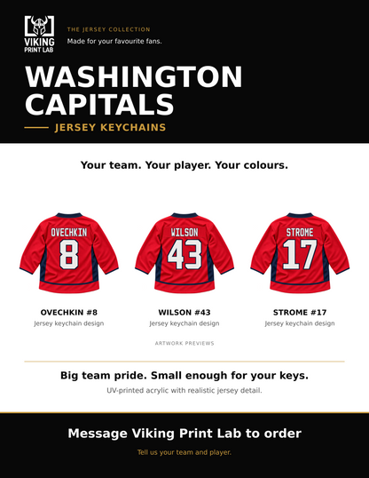 Washington Capitals jersey keychain design overview, showing three available artwork examples. Price is for one keychain.