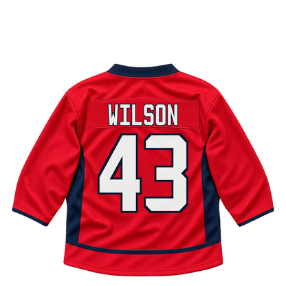 Washington Capitals WILSON #43 jersey keychain artwork preview. Jersey keychain design. Attachment hardware is supplied with the finished acrylic keychain.