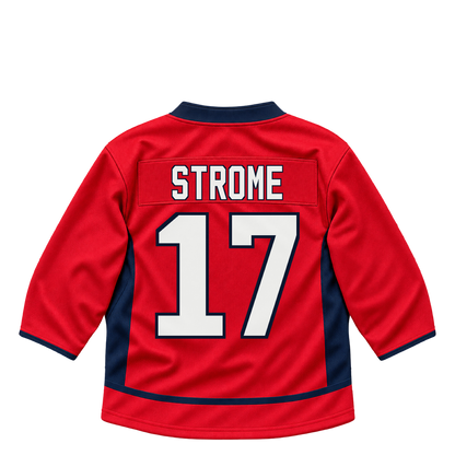Washington Capitals STROME #17 jersey keychain artwork preview. Jersey keychain design. Attachment hardware is supplied with the finished acrylic keychain.
