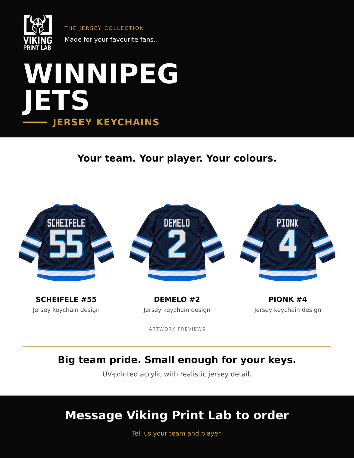 Winnipeg Jets jersey keychain design overview, showing three available artwork examples. Price is for one keychain.