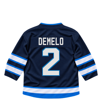 Winnipeg Jets DEMELO #2 jersey keychain artwork preview. Jersey keychain design. Attachment hardware is supplied with the finished acrylic keychain.