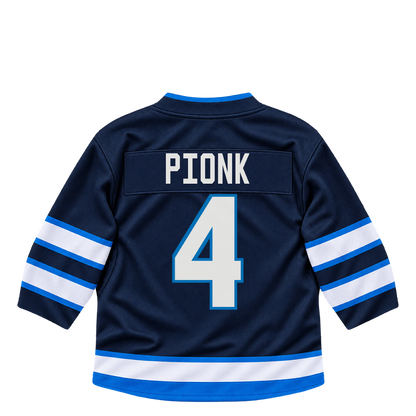 Winnipeg Jets PIONK #4 jersey keychain artwork preview. Jersey keychain design. Attachment hardware is supplied with the finished acrylic keychain.