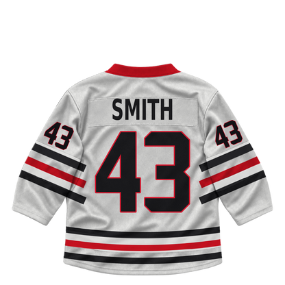 Niagara IceDogs SMITH #43 jersey keychain artwork preview. Home white. Attachment hardware is supplied with the finished acrylic keychain.