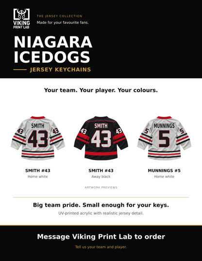 Niagara IceDogs jersey keychain design overview, showing three available artwork examples. Price is for one keychain.