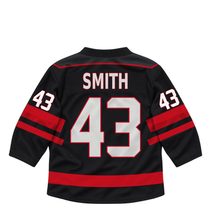 Niagara IceDogs SMITH #43 jersey keychain artwork preview. Away black. Attachment hardware is supplied with the finished acrylic keychain.
