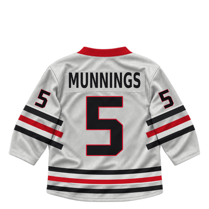 Niagara IceDogs MUNNINGS #5 jersey keychain artwork preview. Home white. Attachment hardware is supplied with the finished acrylic keychain.
