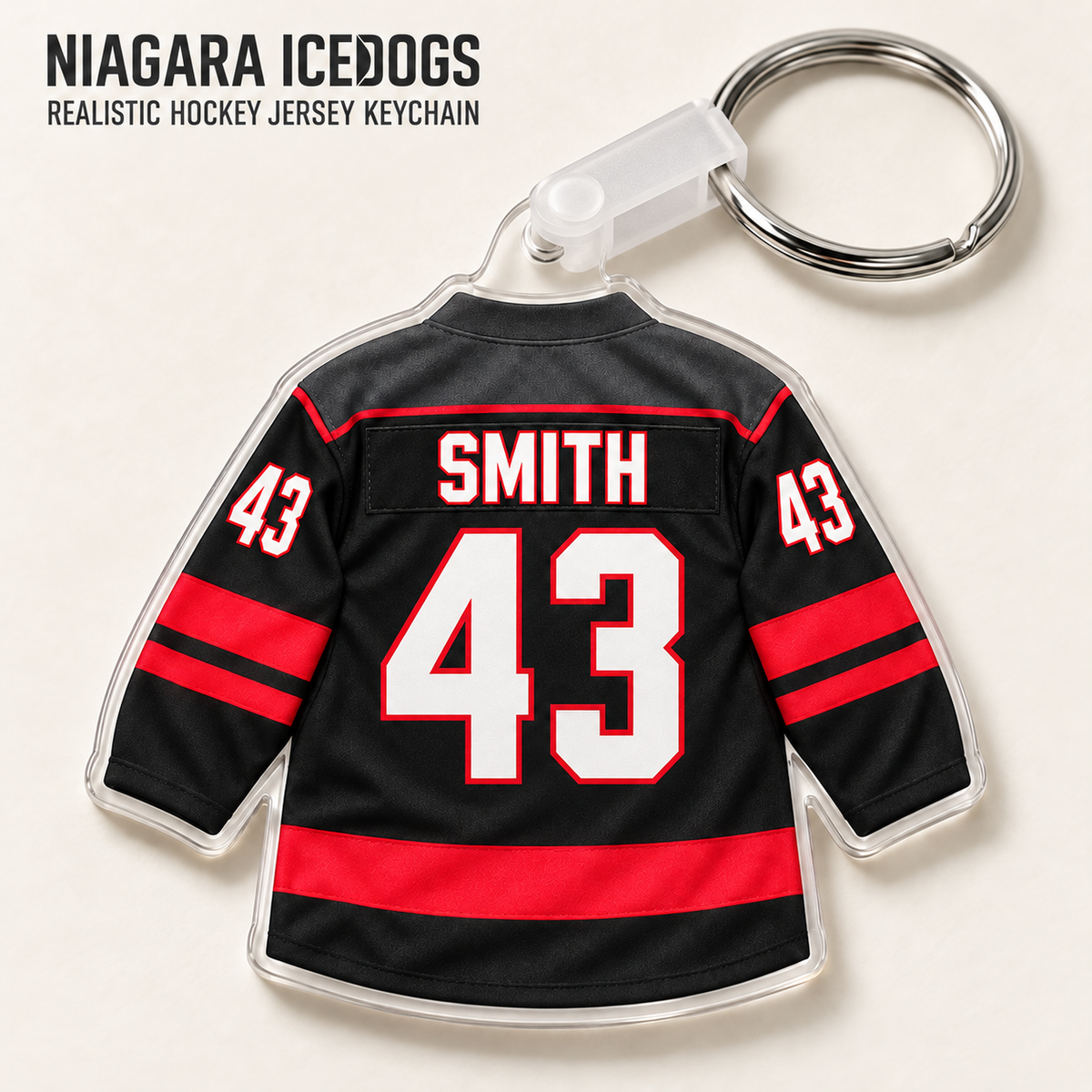 Niagara IceDogs SMITH #43 away black acrylic jersey keychain attachment example, showing the clear folded snap clip attached directly to the split key ring. Rendered product preview.