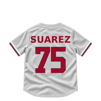 Atlanta Braves jersey keychain — Robert Suarez #75. Exact saved player artwork preview.