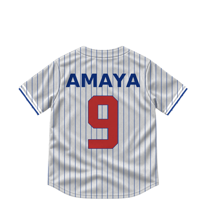 Chicago Cubs jersey keychain — Miguel Amaya #9. Exact saved player artwork preview.