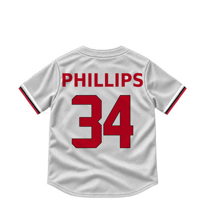 Cincinnati Reds jersey keychain — Connor Phillips #34. Exact saved player artwork preview.