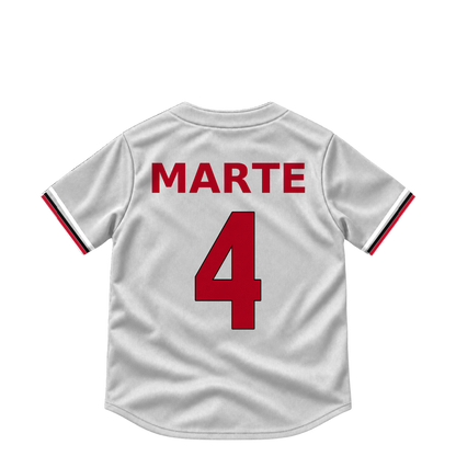 Cincinnati Reds jersey keychain — Noelvi Marte #4. Exact saved player artwork preview.
