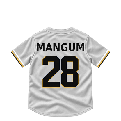 Pittsburgh Pirates jersey keychain — Jake Mangum #28. Exact saved player artwork preview.