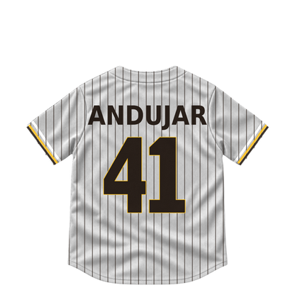San Diego Padres jersey keychain — Miguel Andujar #41. Exact saved player artwork preview.