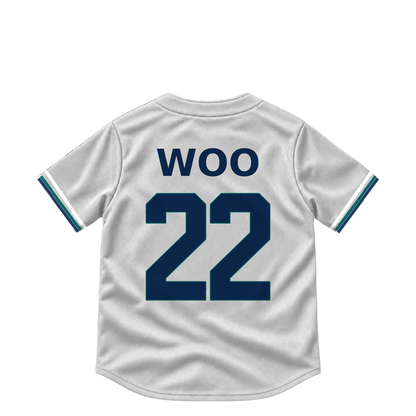 Seattle Mariners jersey keychain — Bryan Woo #22. Exact saved player artwork preview.