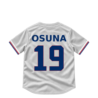 Texas Rangers jersey keychain — Alejandro Osuna #19. Exact saved player artwork preview.