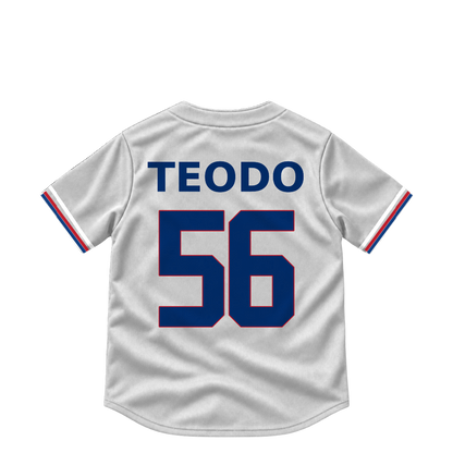 Texas Rangers jersey keychain — Emiliano Teodo #56. Exact saved player artwork preview.