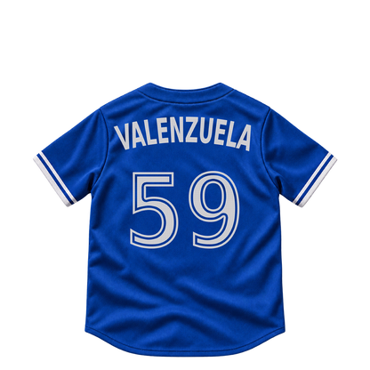 Toronto Blue Jays jersey keychain — Brandon Valenzuela #59. Exact saved player artwork preview.