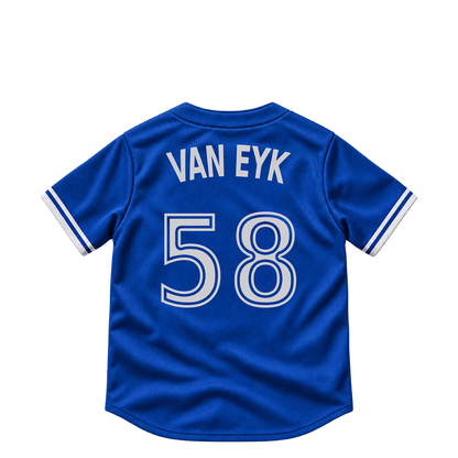 Toronto Blue Jays jersey keychain — CJ Van Eyk #58. Exact saved player artwork preview.