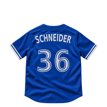Toronto Blue Jays jersey keychain — Davis Schneider #36. Exact saved player artwork preview.